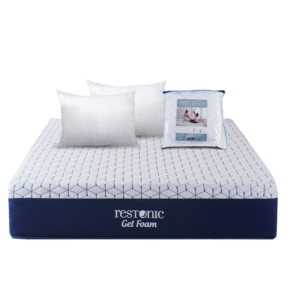  Colchón Restonic Gel Foam Queen Size + 2 Almohada + 1 Protector Queen Size Ensueño.