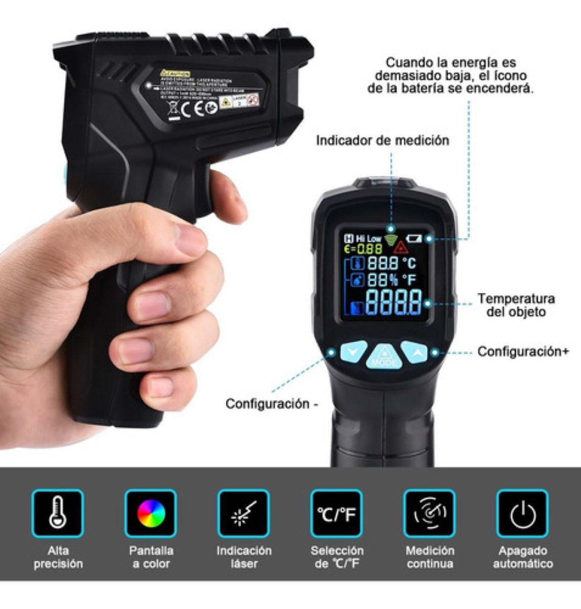 Termómetro Infrarrojo Digital E Industrial (-50-550 °c) NEGRO AZUL