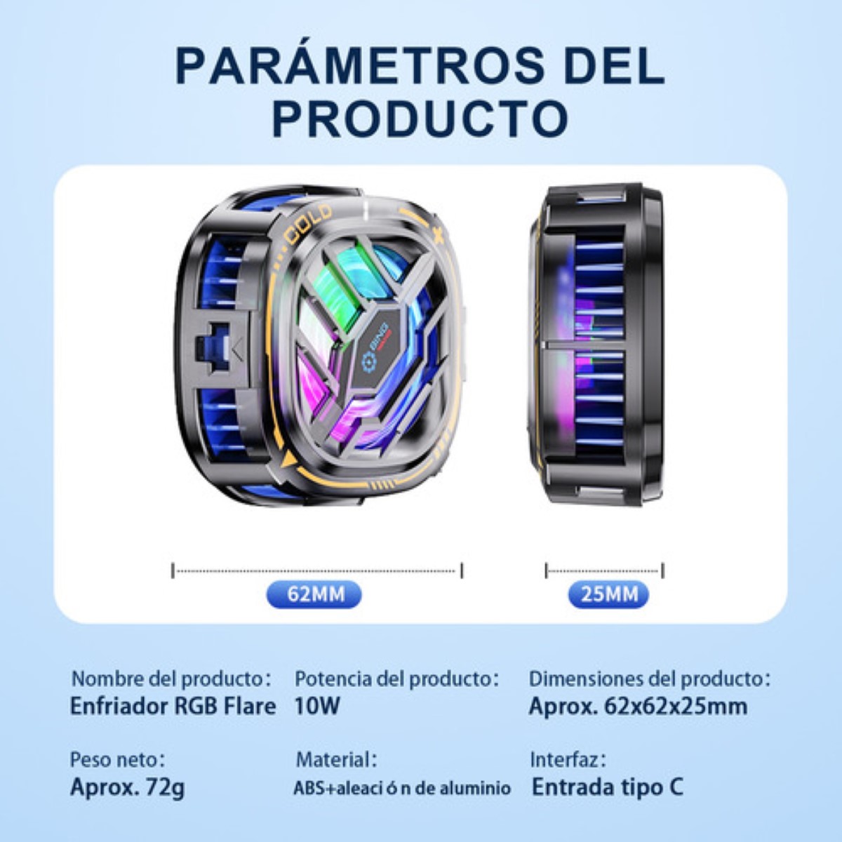 Ventilador Enfriador De Celular Ventilador Rgb Cooler NEGRO CUANDRADO