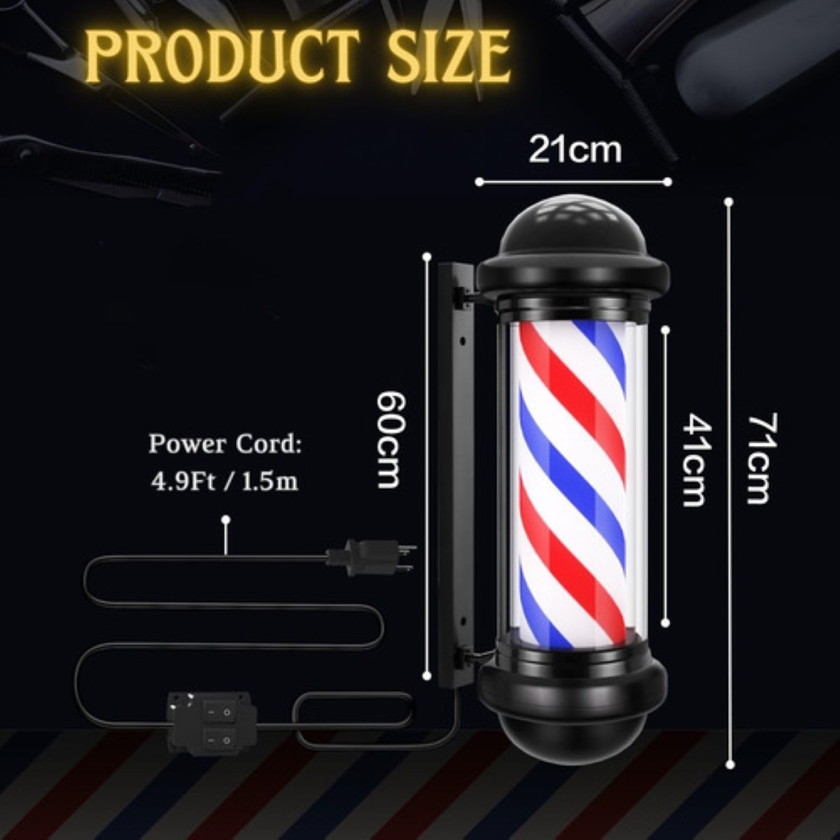Poste Bombilla Barbería Caramelo Giratorio 65cm Peluquería BLANCO NEGRO ROJO AZUL