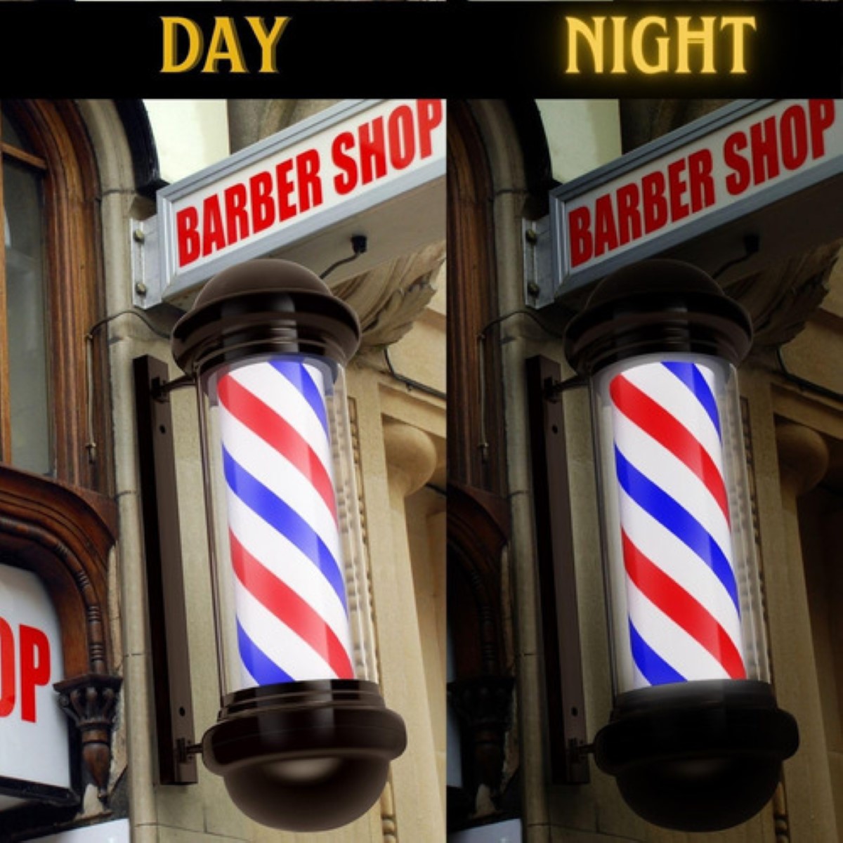 Poste Bombilla Barbería Caramelo Giratorio 65cm Peluquería BLANCO NEGRO ROJO AZUL