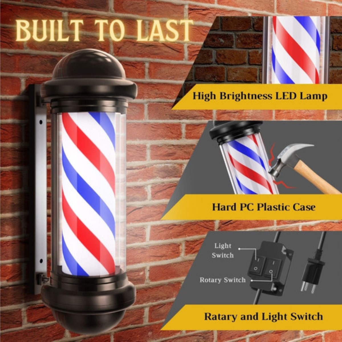 Poste Bombilla Barbería Caramelo Giratorio 65cm Peluquería BLANCO NEGRO ROJO AZUL