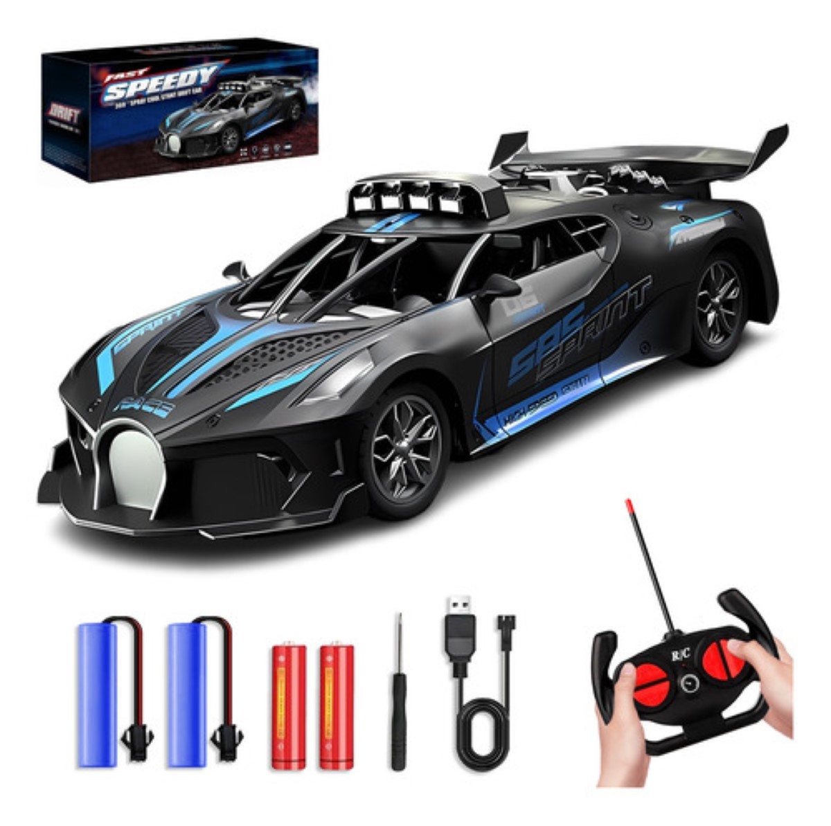 Carro Control Remoto Recargable + 2 Baterías negro azul 