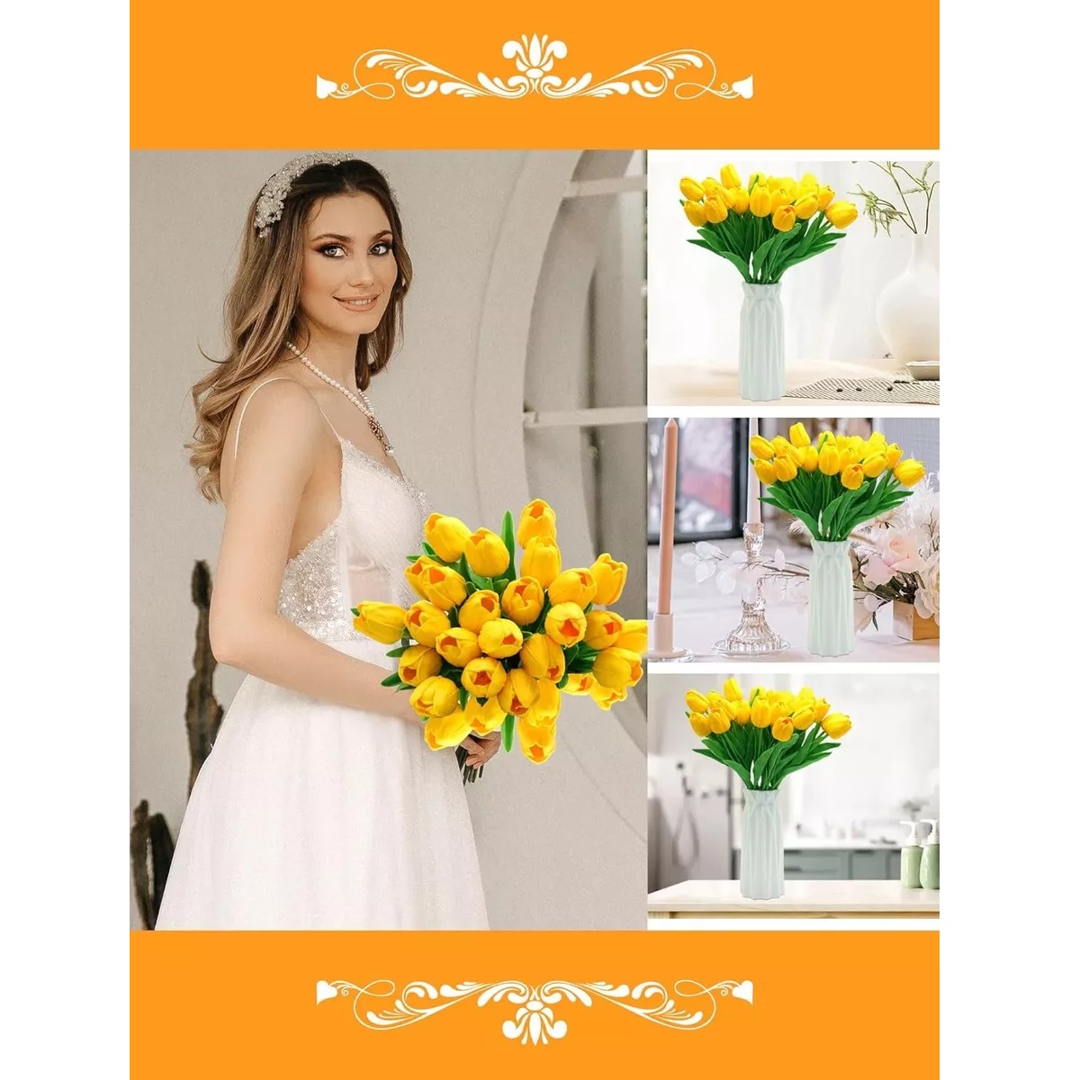 Tulipanes Artificiales Color Degradado 20pcs Para Decoración Amarillo