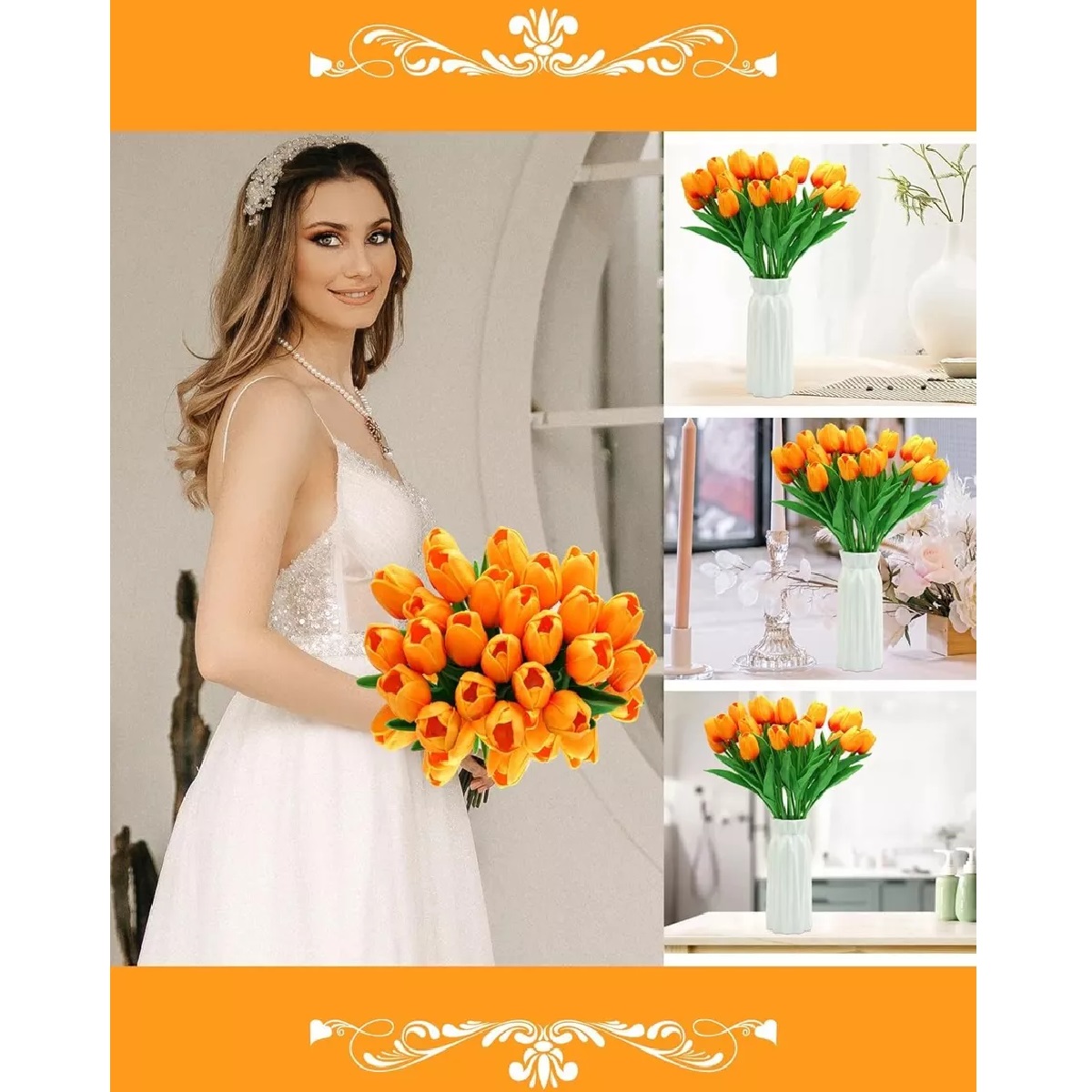 Tulipanes Artificiales Color Degradado 20pcs Para Decoración Naranja