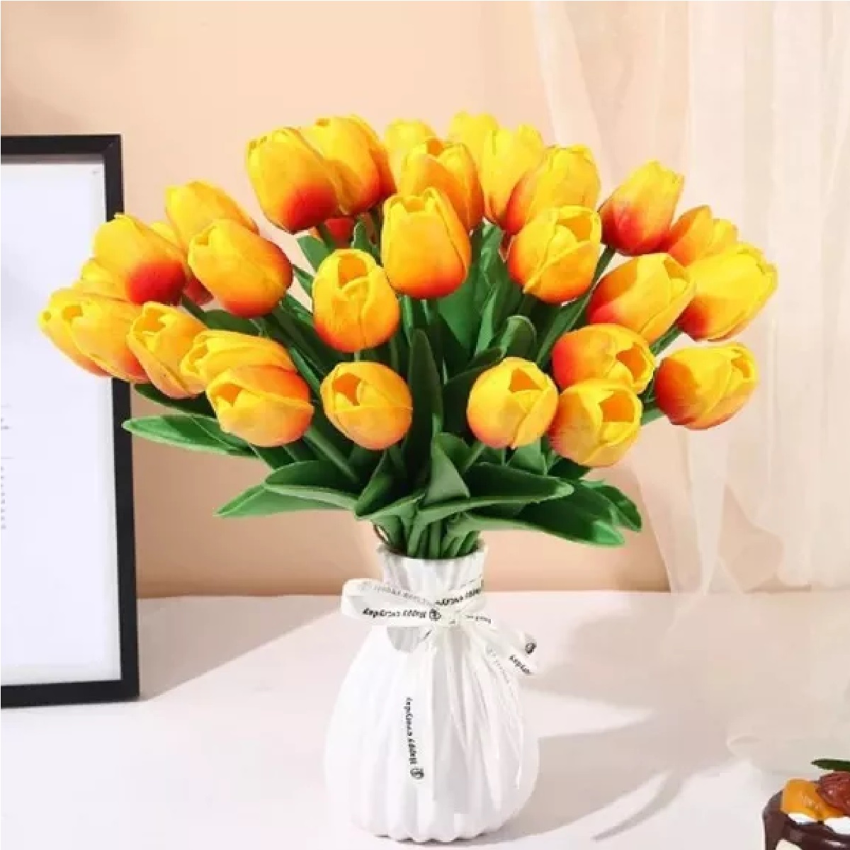 Tulipanes Artificiales Color Degradado 20pcs Para Decoración Naranja