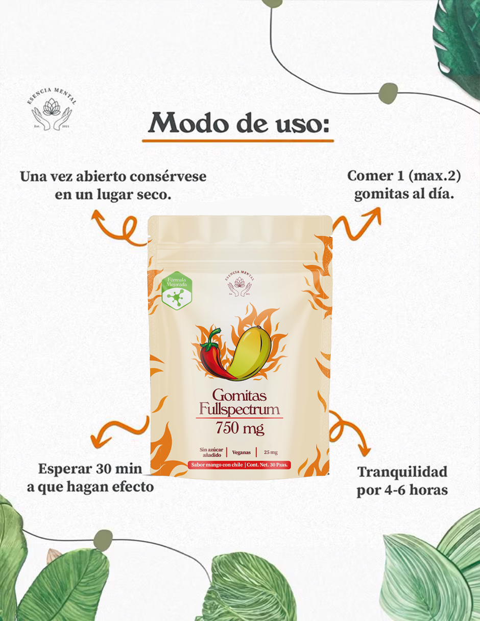 Gomitas antiestrés y ansiedad 750 mg | Esencia mental | Fullspectrum | (30 gomitas sabor mango con chile)