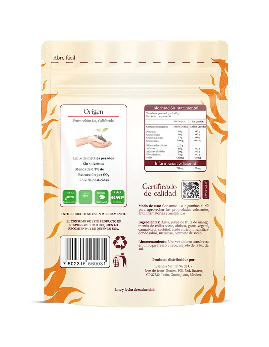 Gomitas antiestrés y ansiedad 750 mg | Esencia mental | Fullspectrum | (30 gomitas sabor mango con chile)