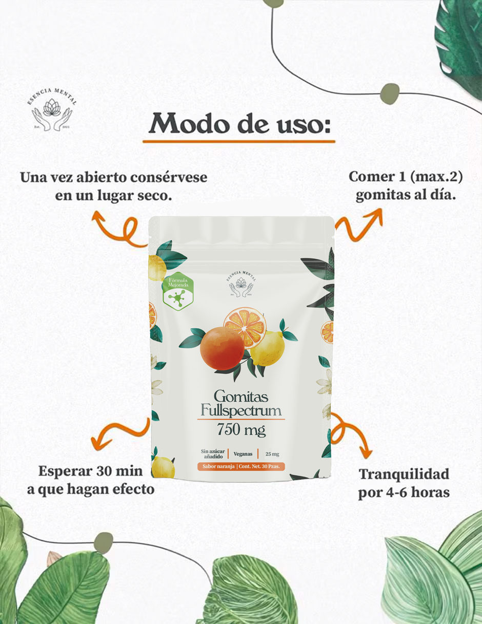 Gomitas antiestrés y ansiedad 750 mg | Esencia mental | Fullspectrum | (30 gomitas sabor naranja)