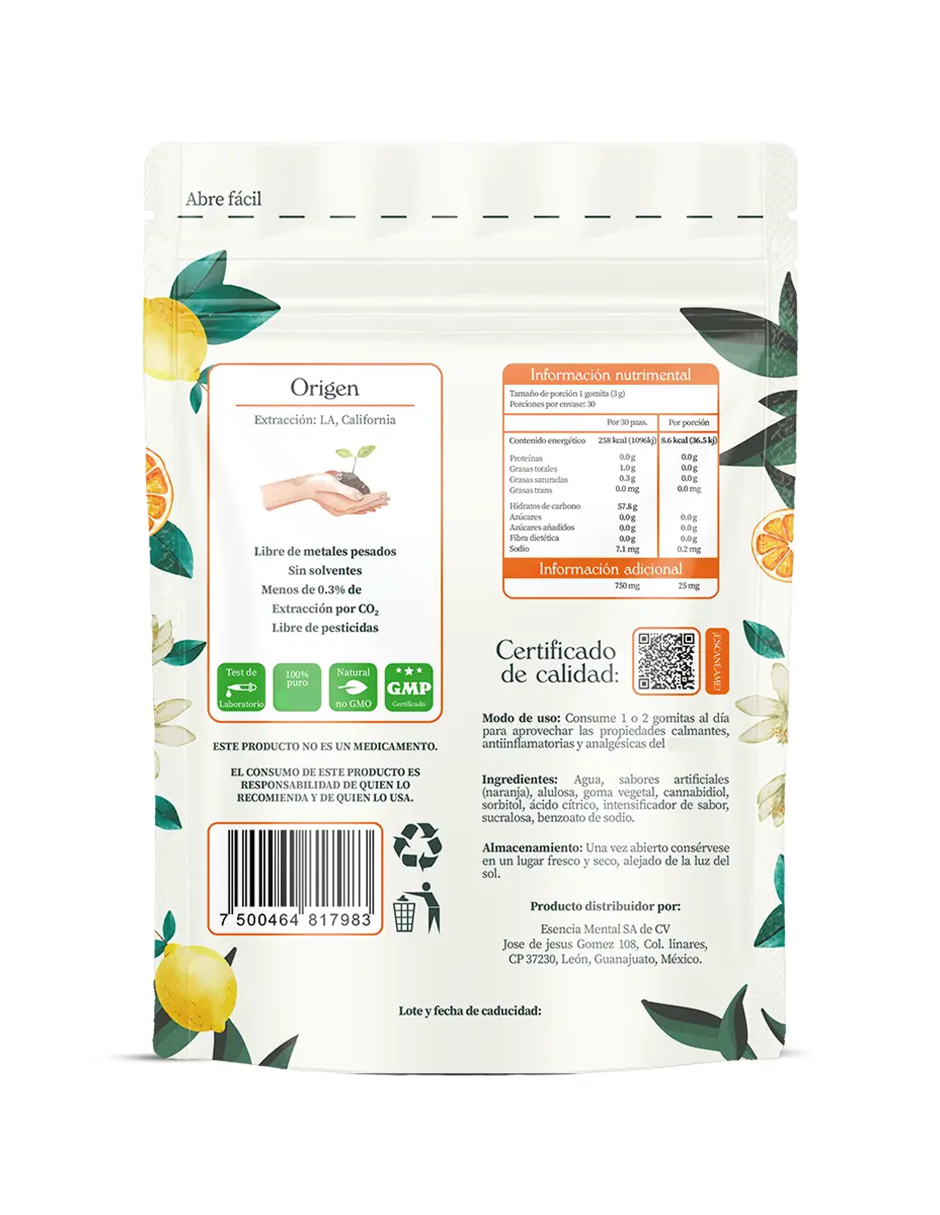 Gomitas antiestrés y ansiedad 750 mg | Esencia mental | Fullspectrum | (30 gomitas sabor naranja)