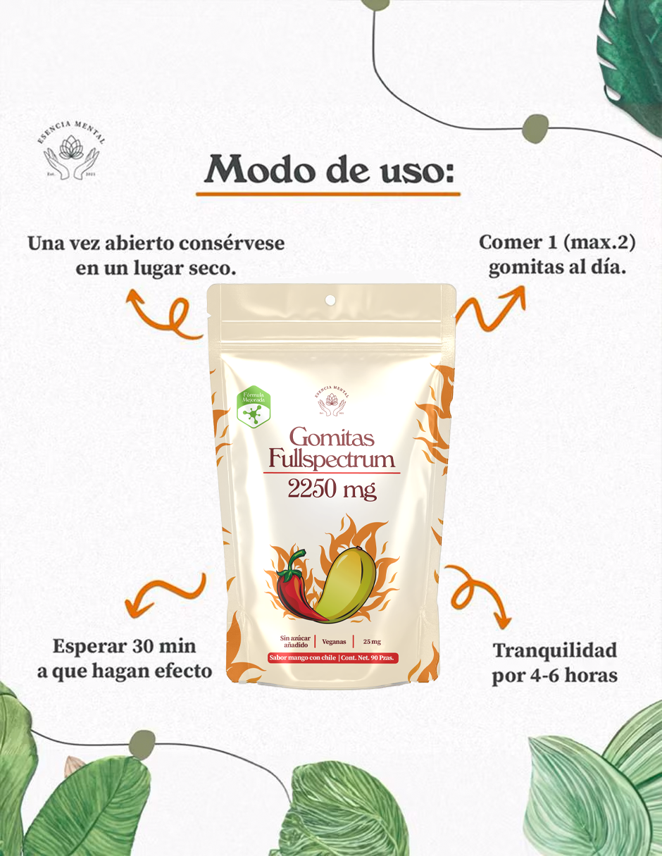 Gomitas antiestrés y ansiedad 2250 mg | Esencia mental | Fullspectrum | (90 gomitas sabor mango con chile)
