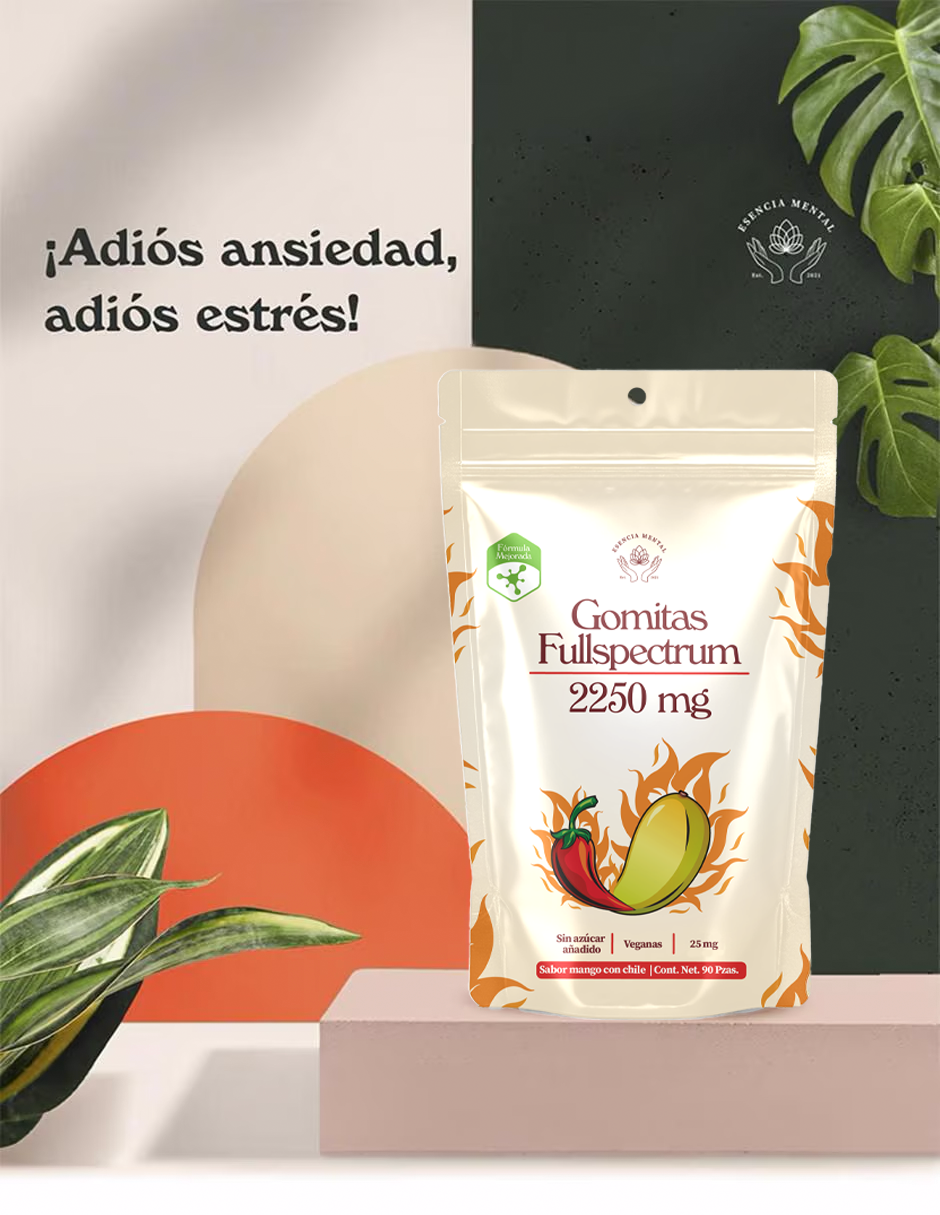 Gomitas antiestrés y ansiedad 2250 mg | Esencia mental | Fullspectrum | (90 gomitas sabor mango con chile)