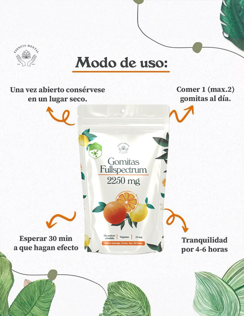 Gomitas antiestrés y ansiedad 2250 mg | Esencia mental | Fullspectrum | (90 gomitas sabor naranja para dormir, estrés y ansiedad)