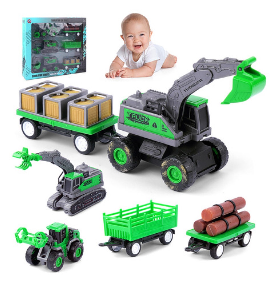 Carros De Juguete Para Niños Vehículo De Construcción Agricultura 6pzs verde gris 