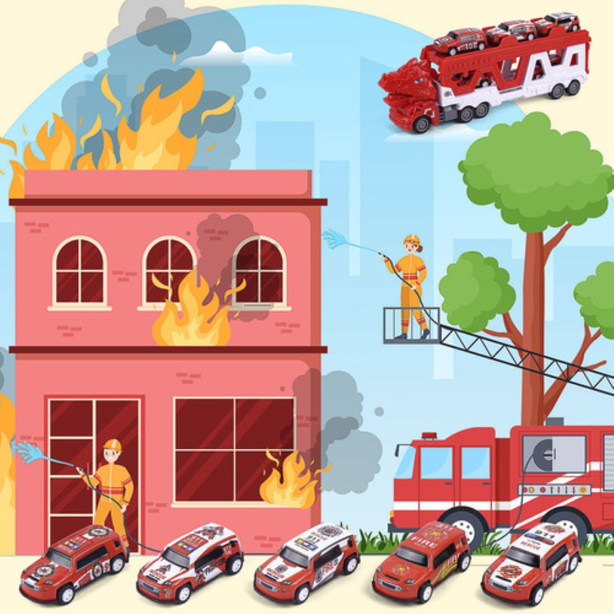 Juguete Niños Camion De Bomberos Con Pista Catapultante 6pz rojo blanco