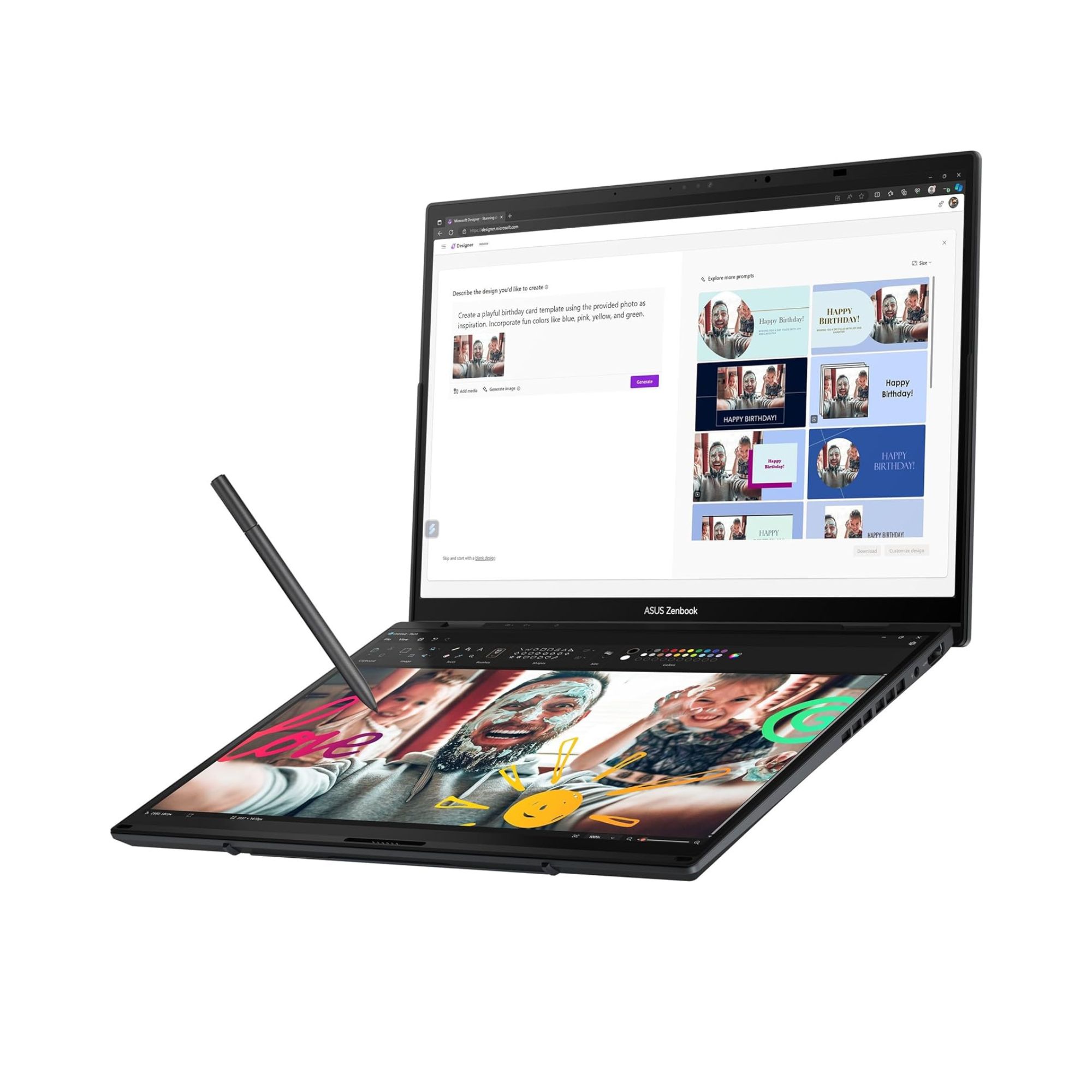 Asus Zenbook Duo OLED de 14'', Intel Core Ultra 9 185H, 32 GB RAM DDR5, 2 TB SSD NVMe, Windows 11 Home, incluye Funda y Stylus, Negro