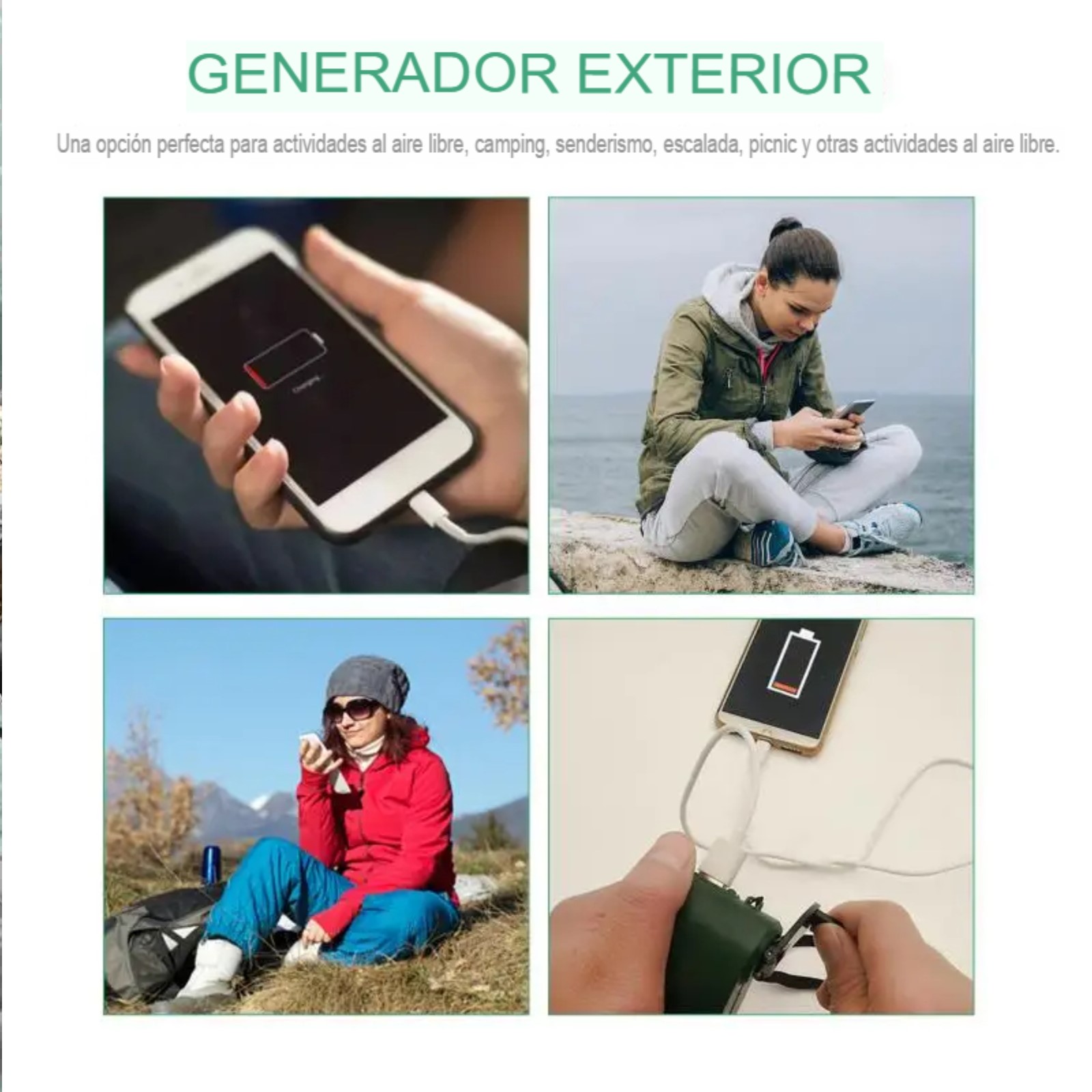 Generador mano USB cargador portátil Banco energía Camping exteriores eléctricos viaje Manual