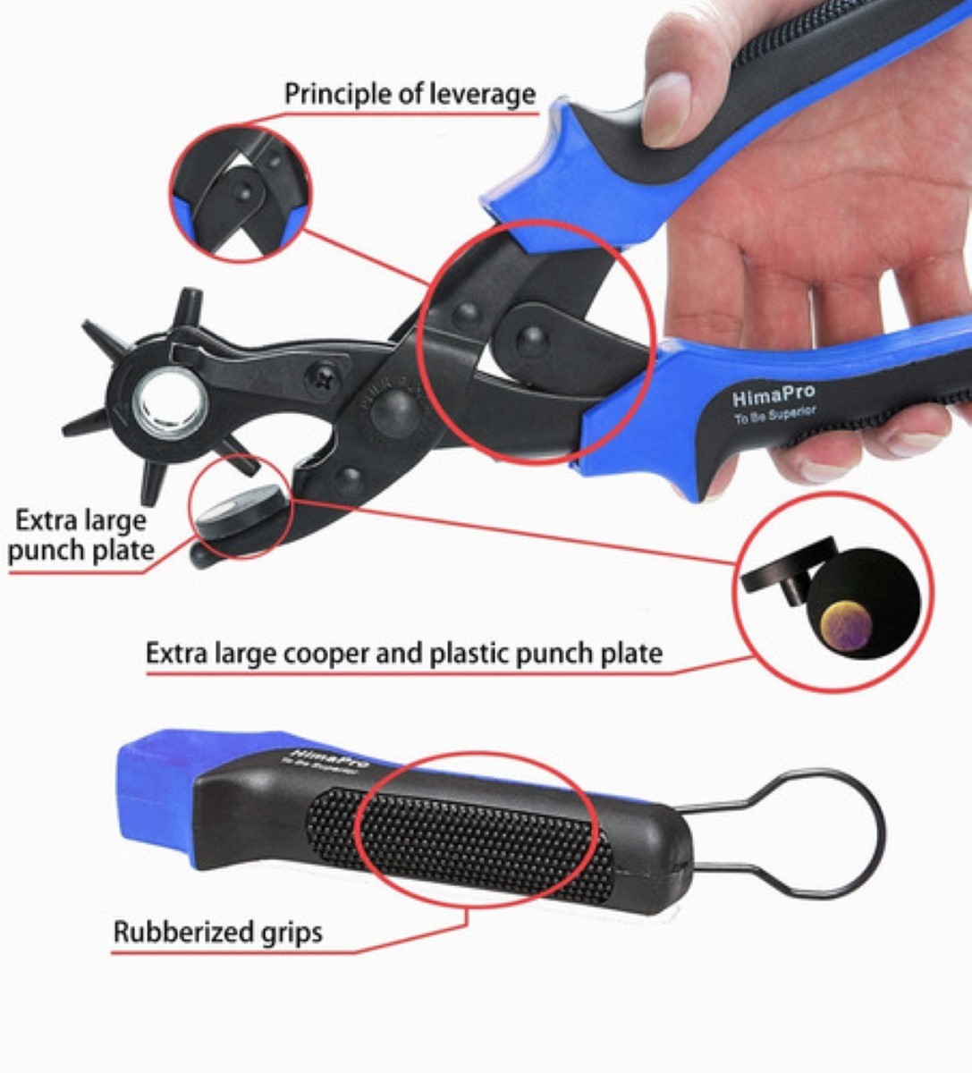 Kit Pinza Sacabocados Ojilladora Perforadora Para Cinturón. negro azul plata 