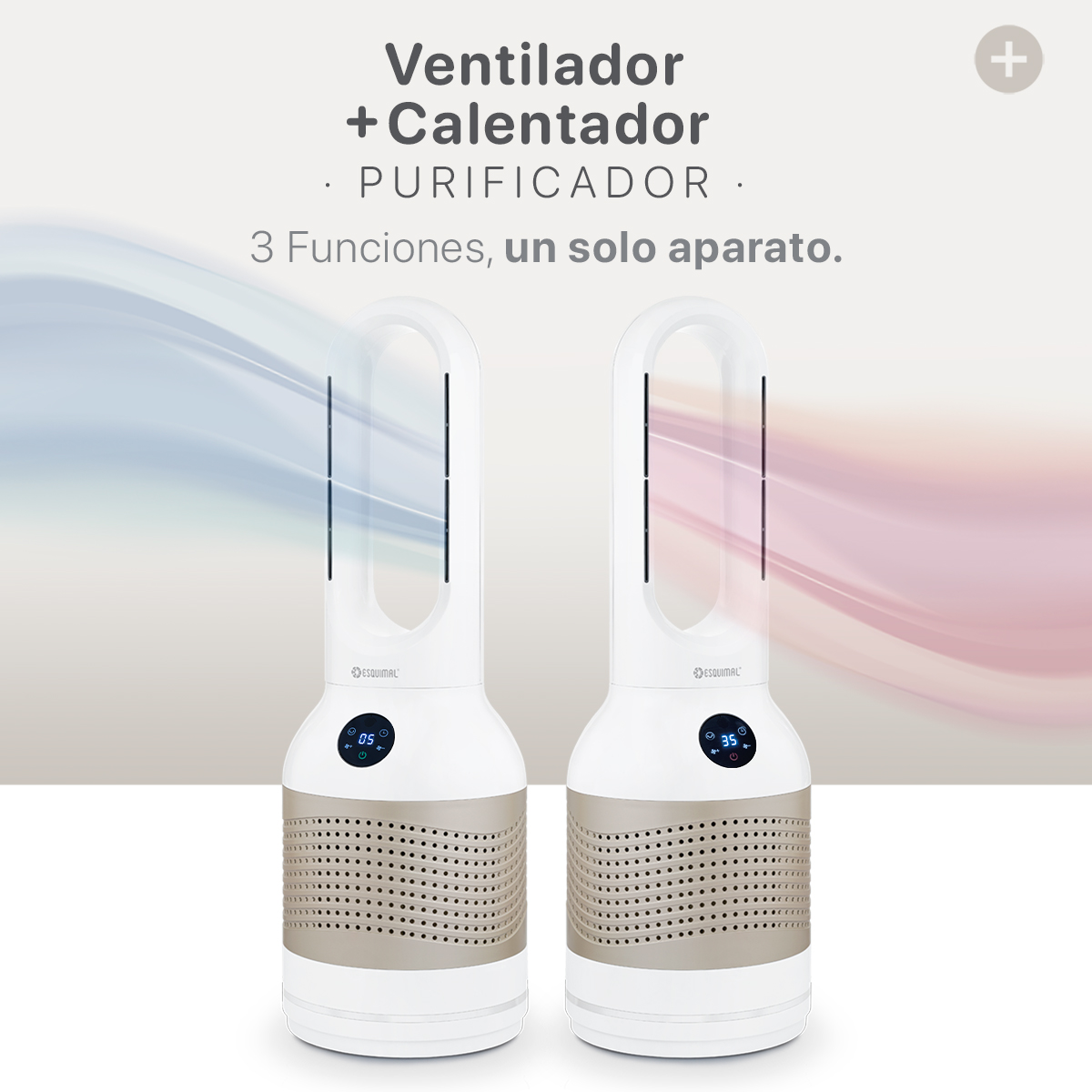 Ventilador Calentador Ventilador sin Aspas y Purificador 3 en 1, Silencioso, Portátil, Oscilación 80° Chico- Dorado / Blanco Aero 1200  ESQUIMAL