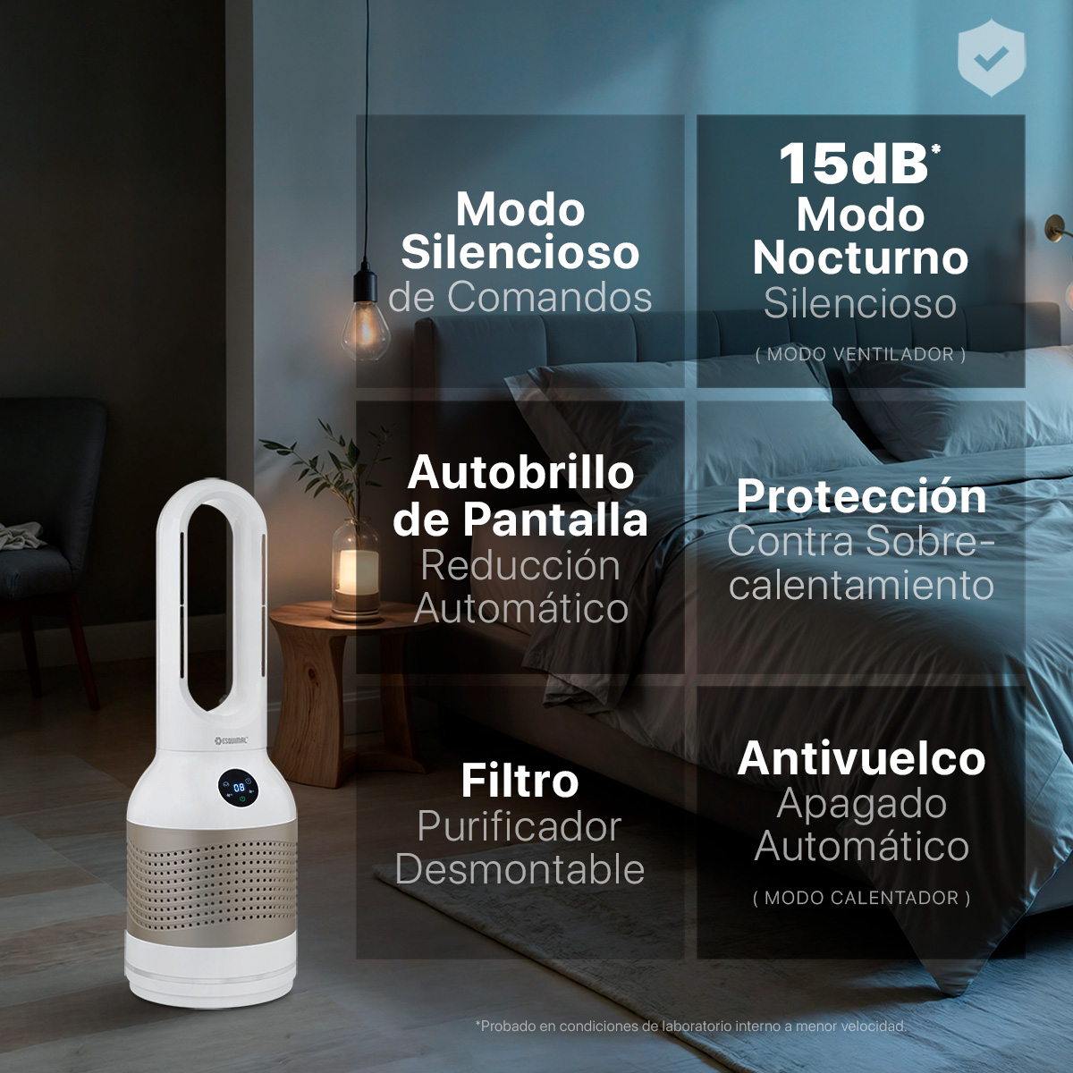 Ventilador Calentador Ventilador sin Aspas y Purificador 3 en 1, Silencioso, Portátil, Oscilación 80° Chico- Dorado / Blanco Aero 1200  ESQUIMAL