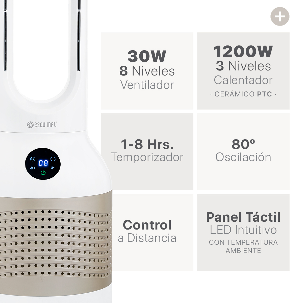 Ventilador Calentador Ventilador sin Aspas y Purificador 3 en 1, Silencioso, Portátil, Oscilación 80° Chico- Dorado / Blanco Aero 1200  ESQUIMAL