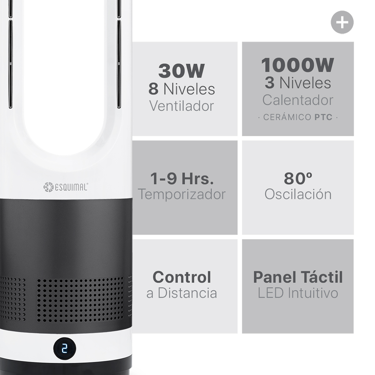 Ventilador sin Aspas Calentador 2 en 1 Silencioso Portátil Oscilación 80° con Control Remoto Gris/Blanco ESQUIMAL