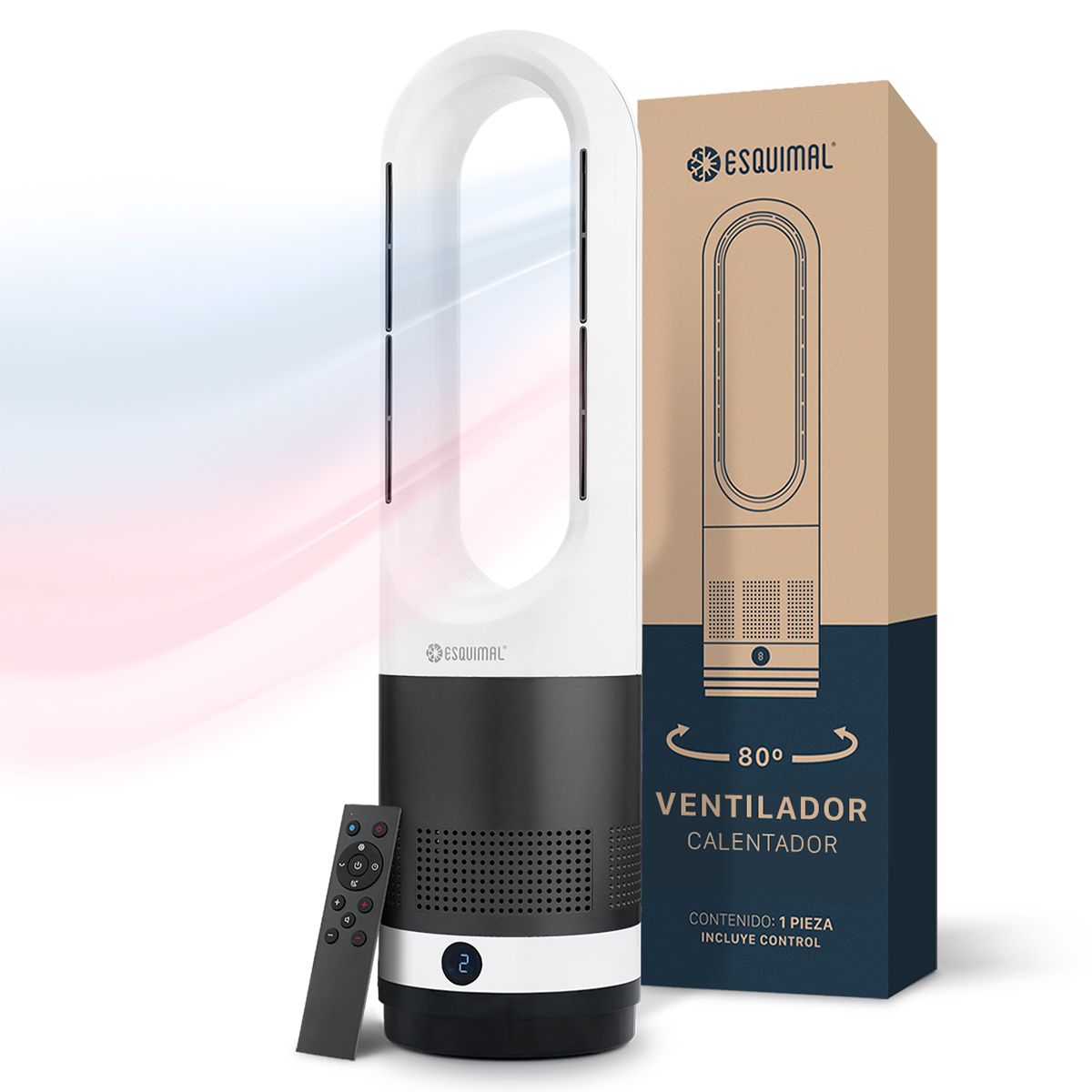 Ventilador sin Aspas Calentador 2 en 1 Silencioso Portátil Oscilación 80° con Control Remoto Gris/Blanco ESQUIMAL
