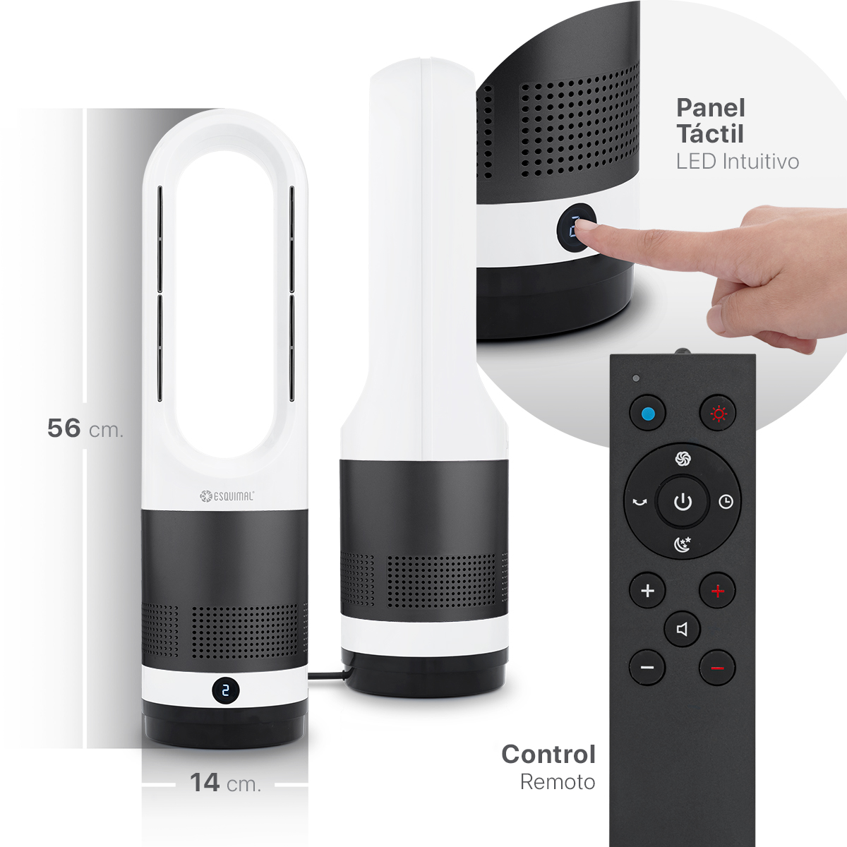 Ventilador sin Aspas Calentador 2 en 1 Silencioso Portátil Oscilación 80° con Control Remoto Gris/Blanco ESQUIMAL