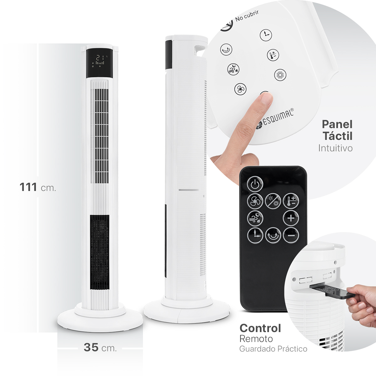 Ventilador de Torre 111cm Calentador 2 en 1 Climatizador Giratorio con Temporizador Control Remoto Blanco ESQUIMAL