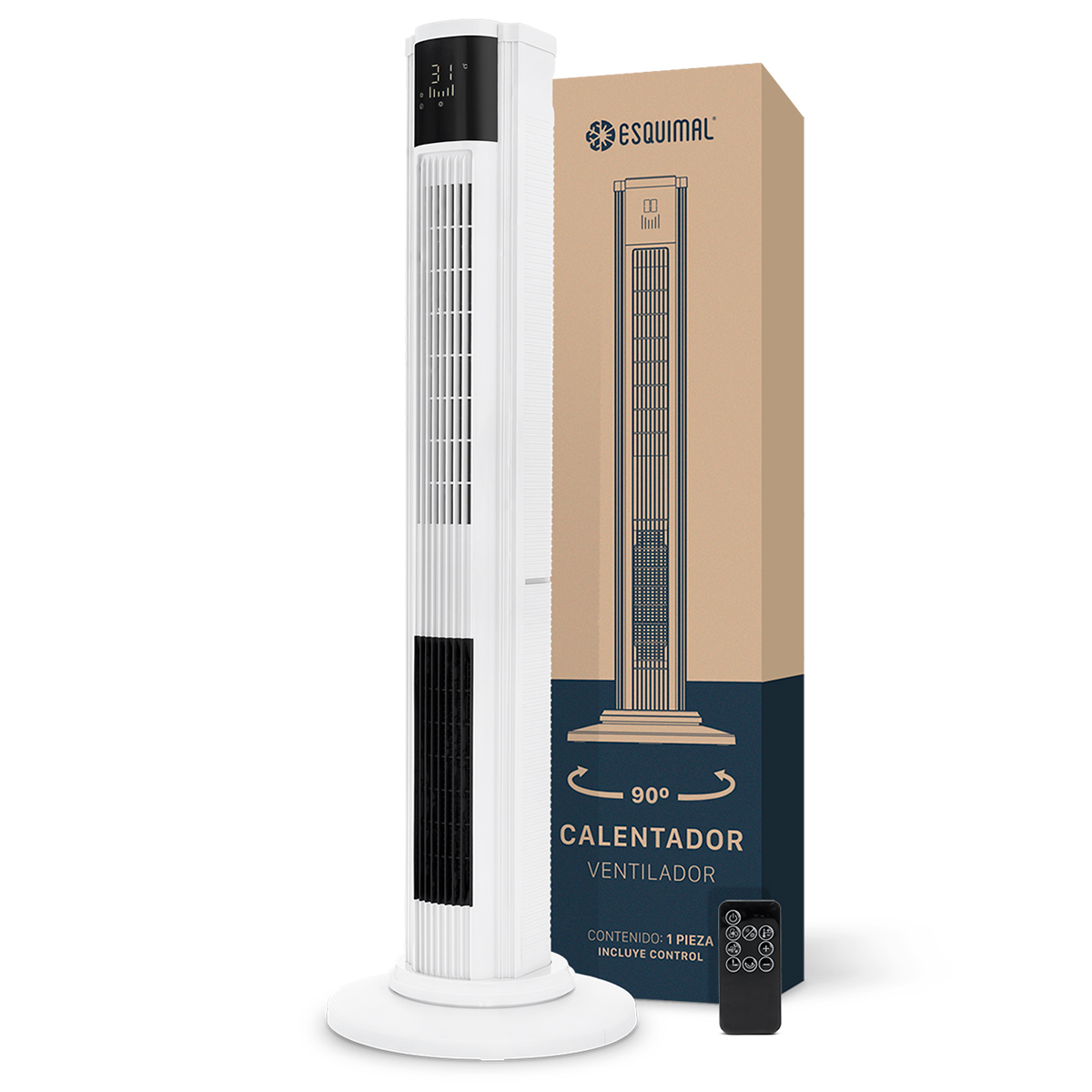 Ventilador de Torre 111cm Calentador 2 en 1 Climatizador Giratorio con Temporizador Control Remoto Blanco ESQUIMAL