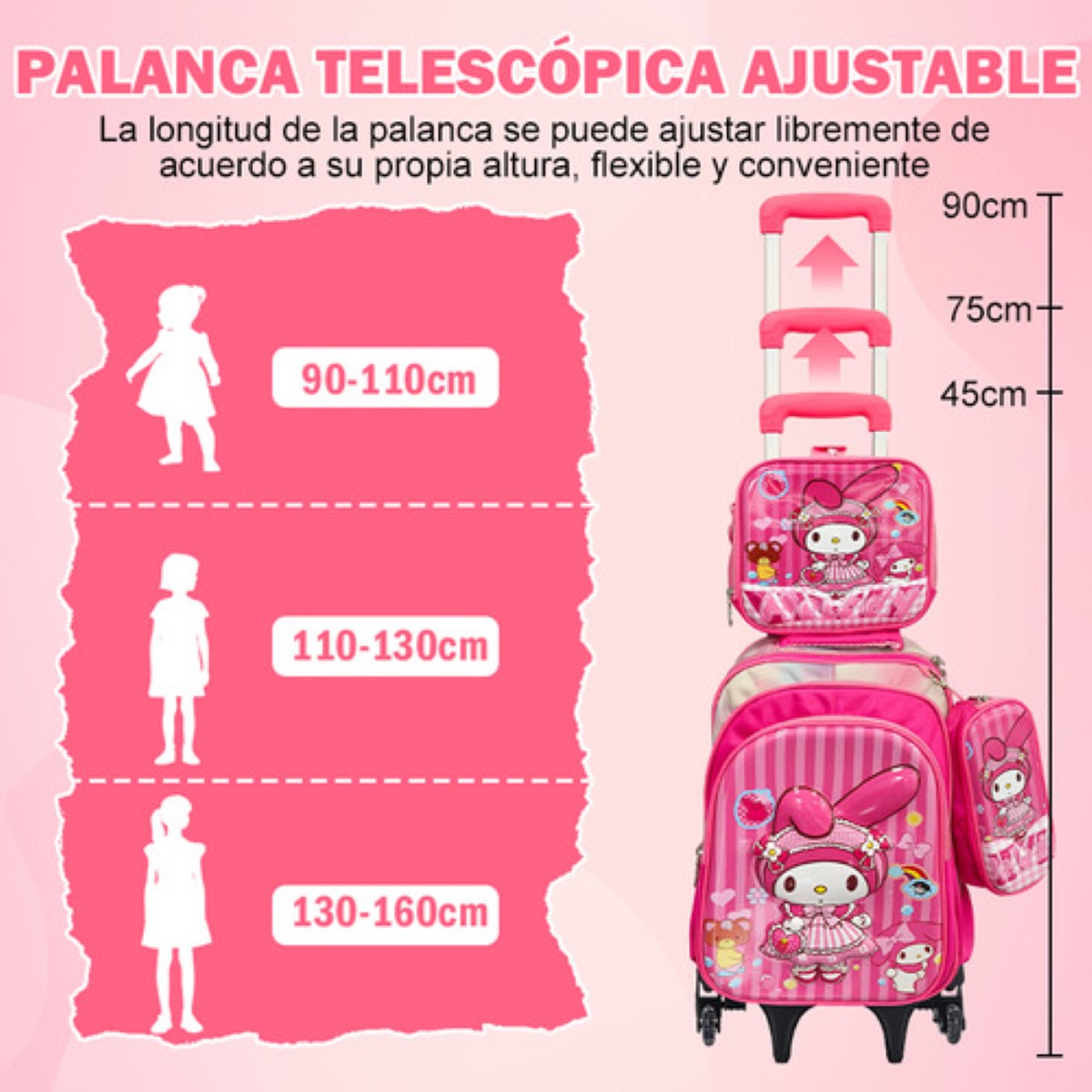 Mochila Trolley 6 Ruedas Escuela Primaria 3en1 ROSA