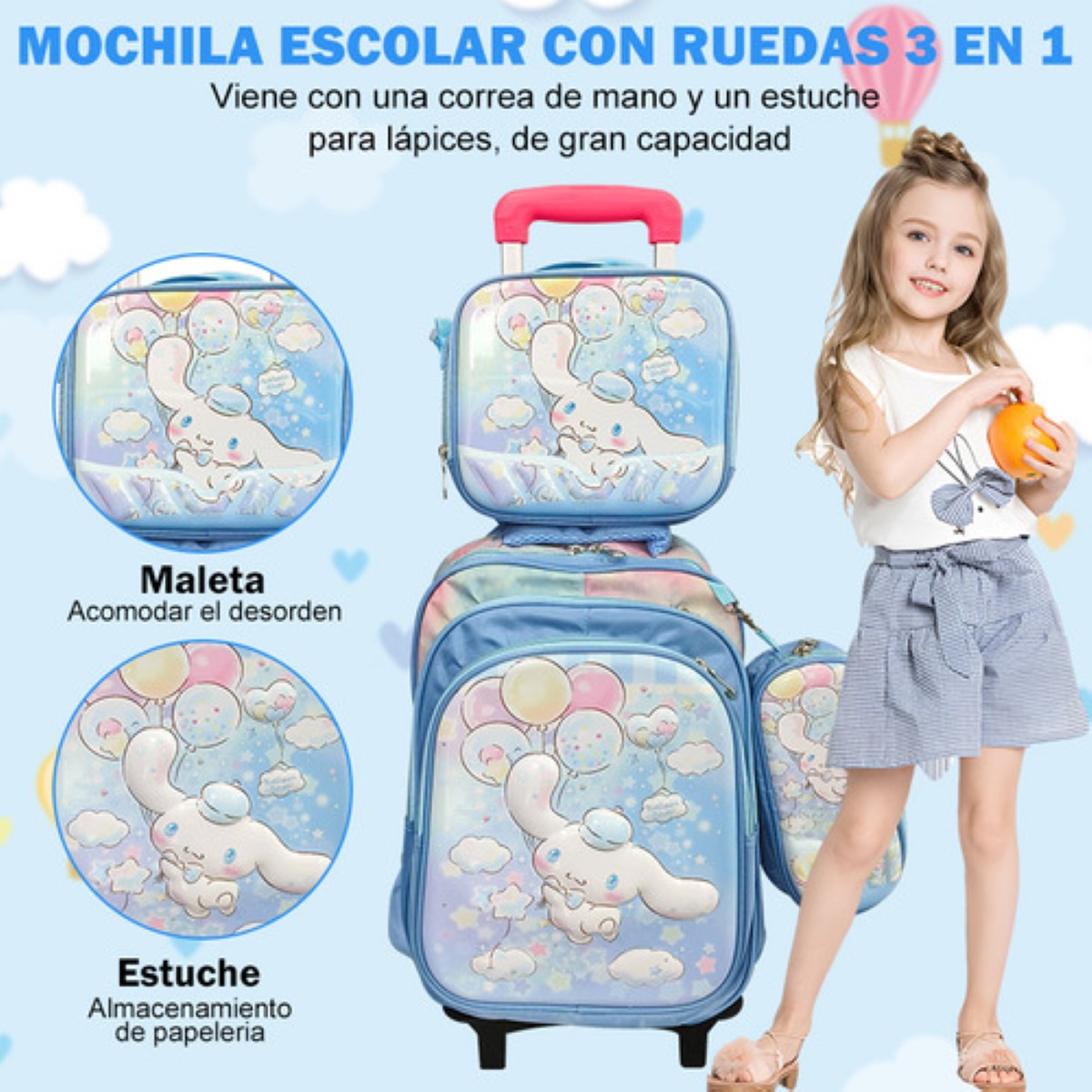 Mochila Trolley 6 Ruedas Escuela Primaria 3en1 AZUL VIOLETE