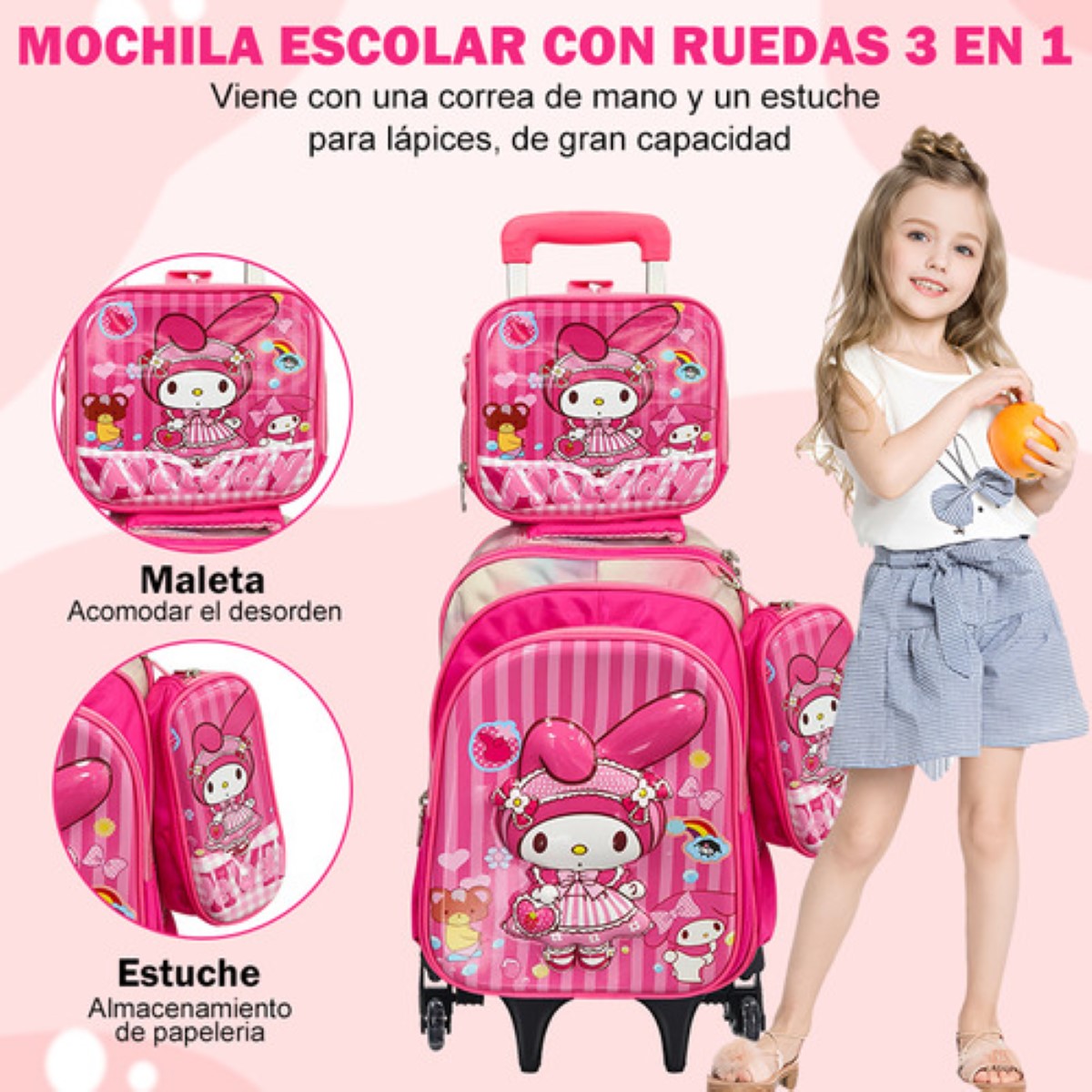 Mochila Trolley 6 Ruedas Escuela Primaria 3en1 ROSA