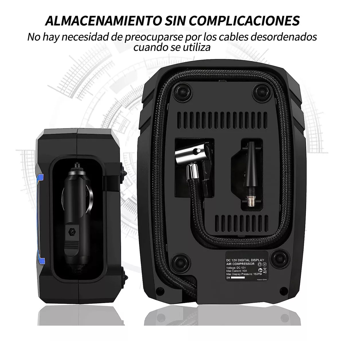 Compresor de Aire Portátil, Inflador 150 PSI, con LED, 4 Boquillas