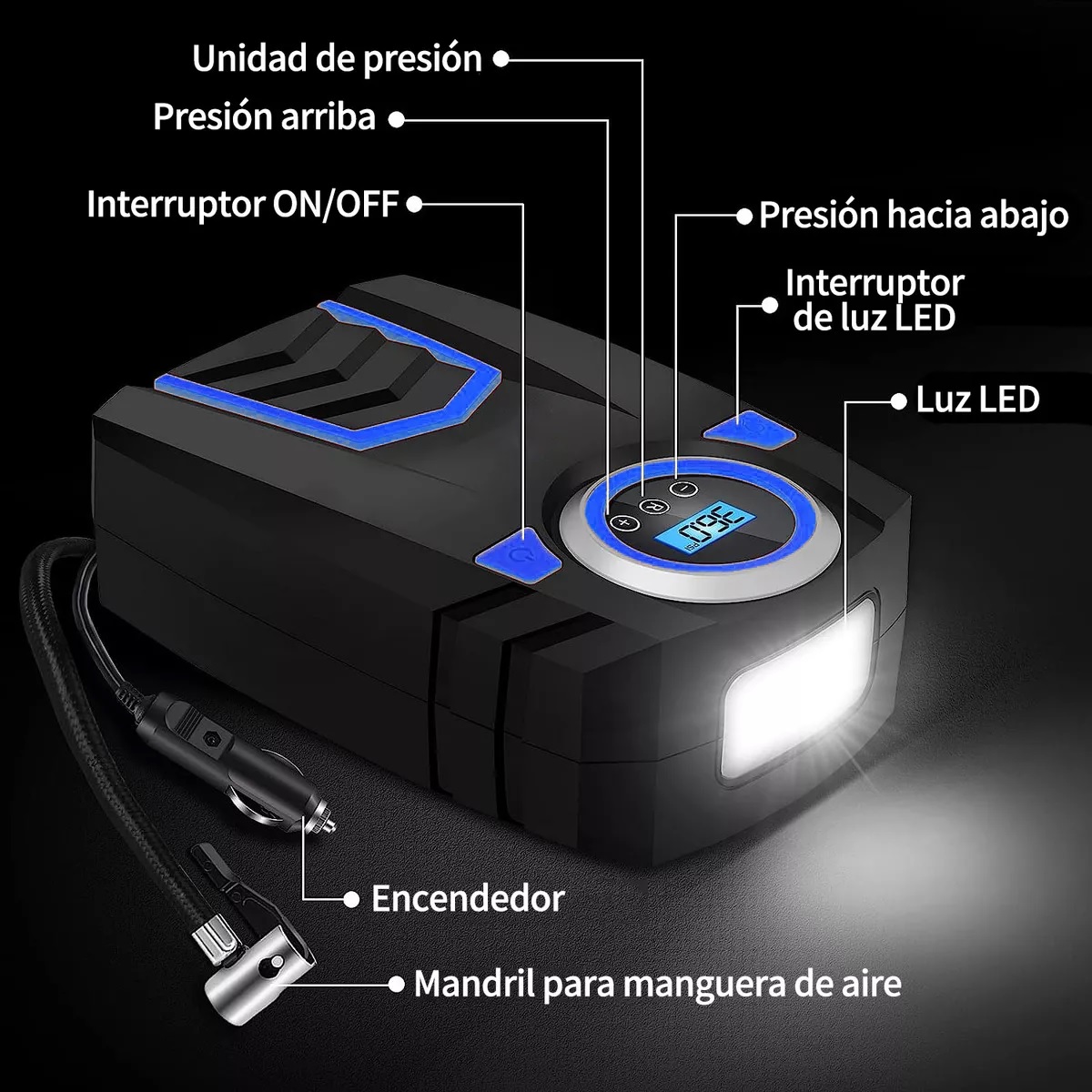 Compresor de Aire Portátil, Inflador 150 PSI, con LED, 4 Boquillas
