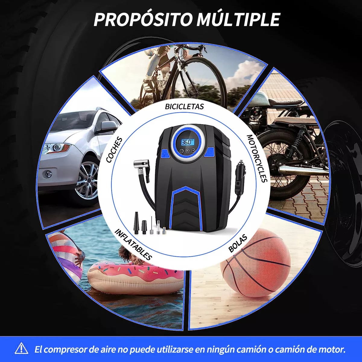 Compresor de Aire Portátil, Inflador 150 PSI, con LED, 4 Boquillas