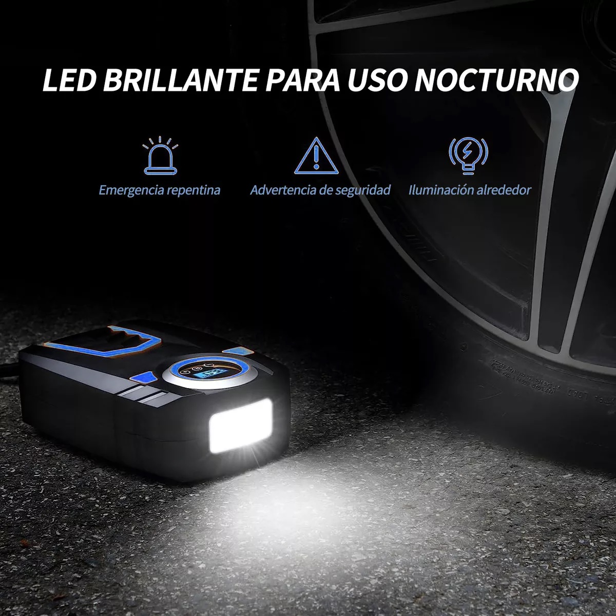 Compresor de Aire Portátil, Inflador 150 PSI, con LED, 4 Boquillas