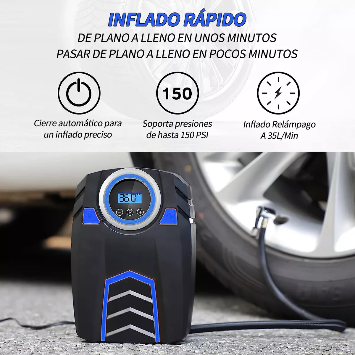 Compresor de Aire Portátil, Inflador 150 PSI, con LED, 4 Boquillas