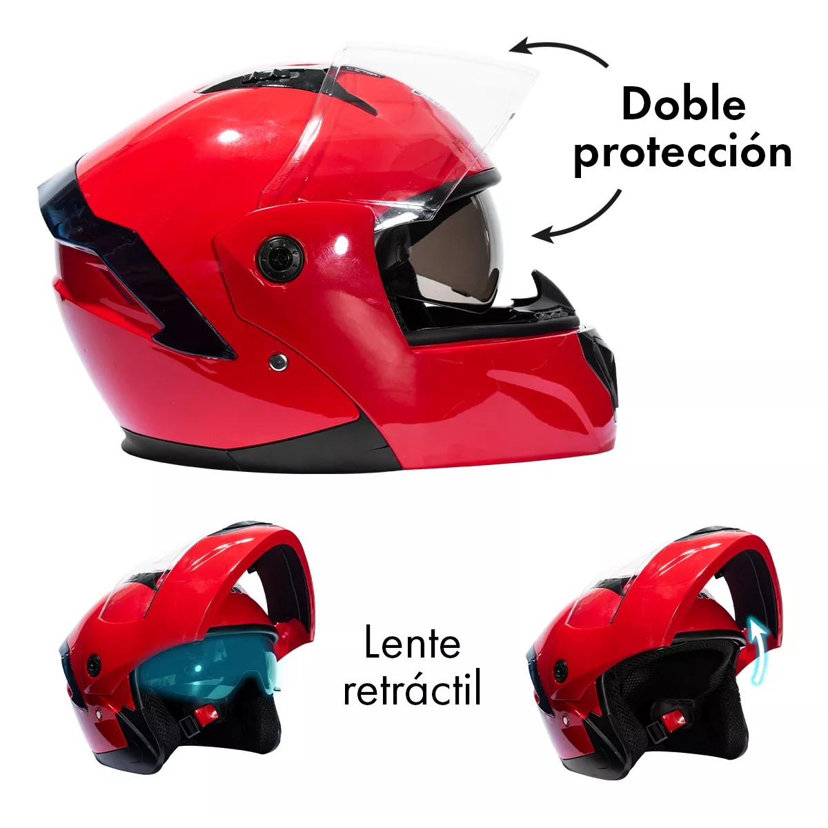 Casco Moto Abatible Plegable Gafas Color:Rojo  Talla: M