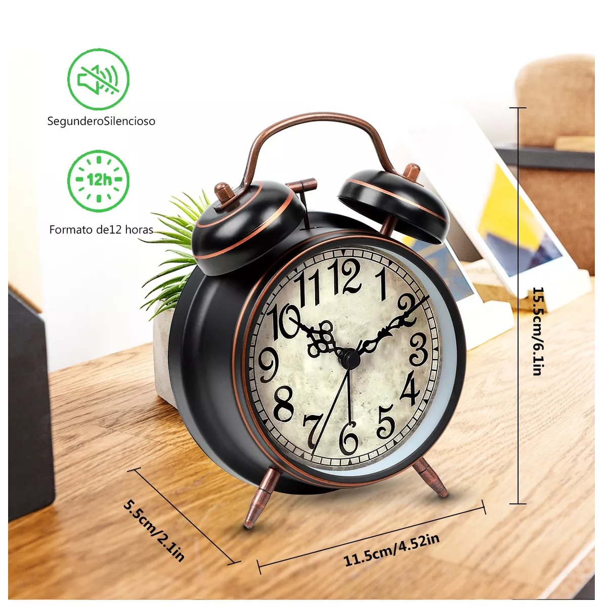 Reloj Despertador Campana Retro Analógico Estilo Vintage Negro