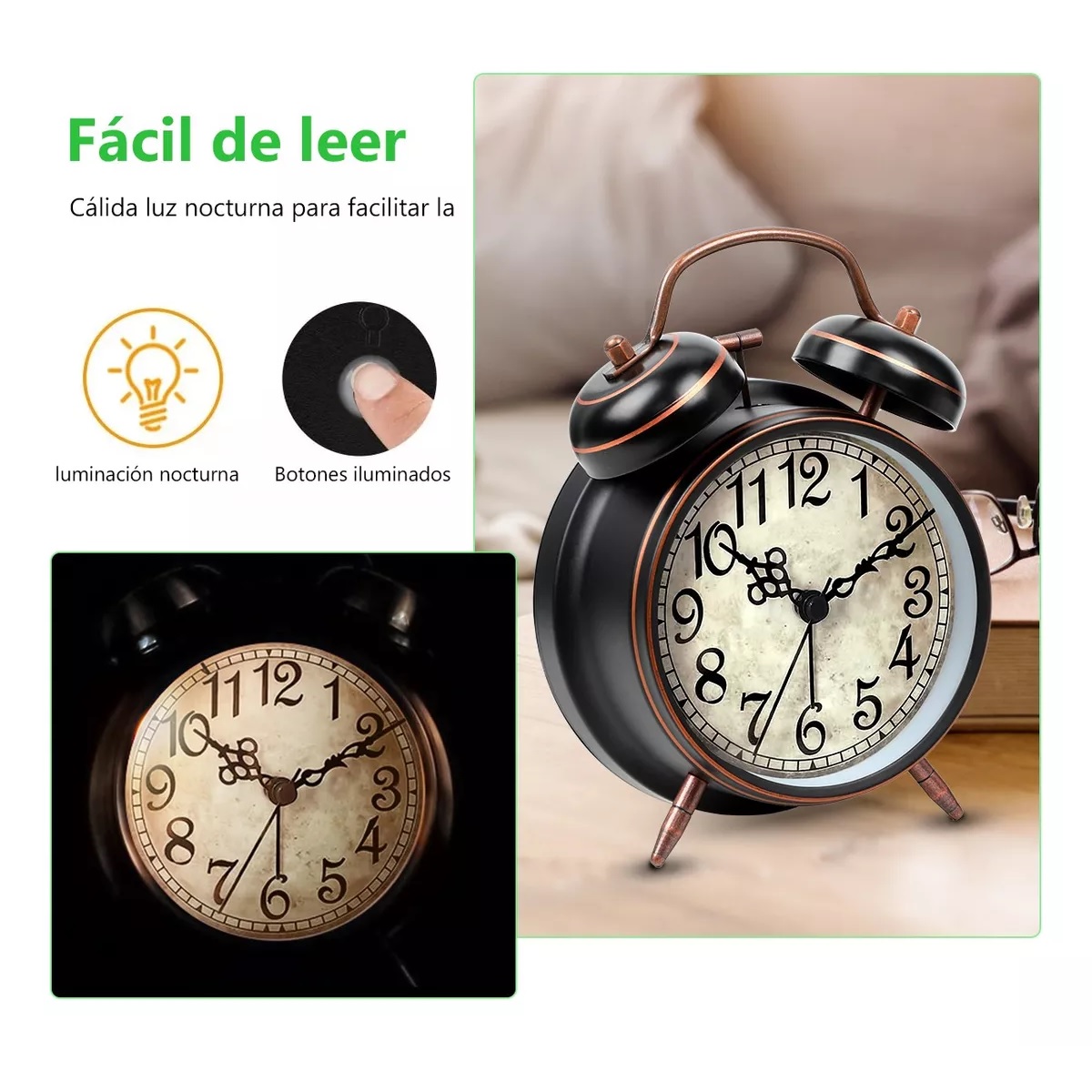 Reloj Despertador Campana Retro Analógico Estilo Vintage Negro