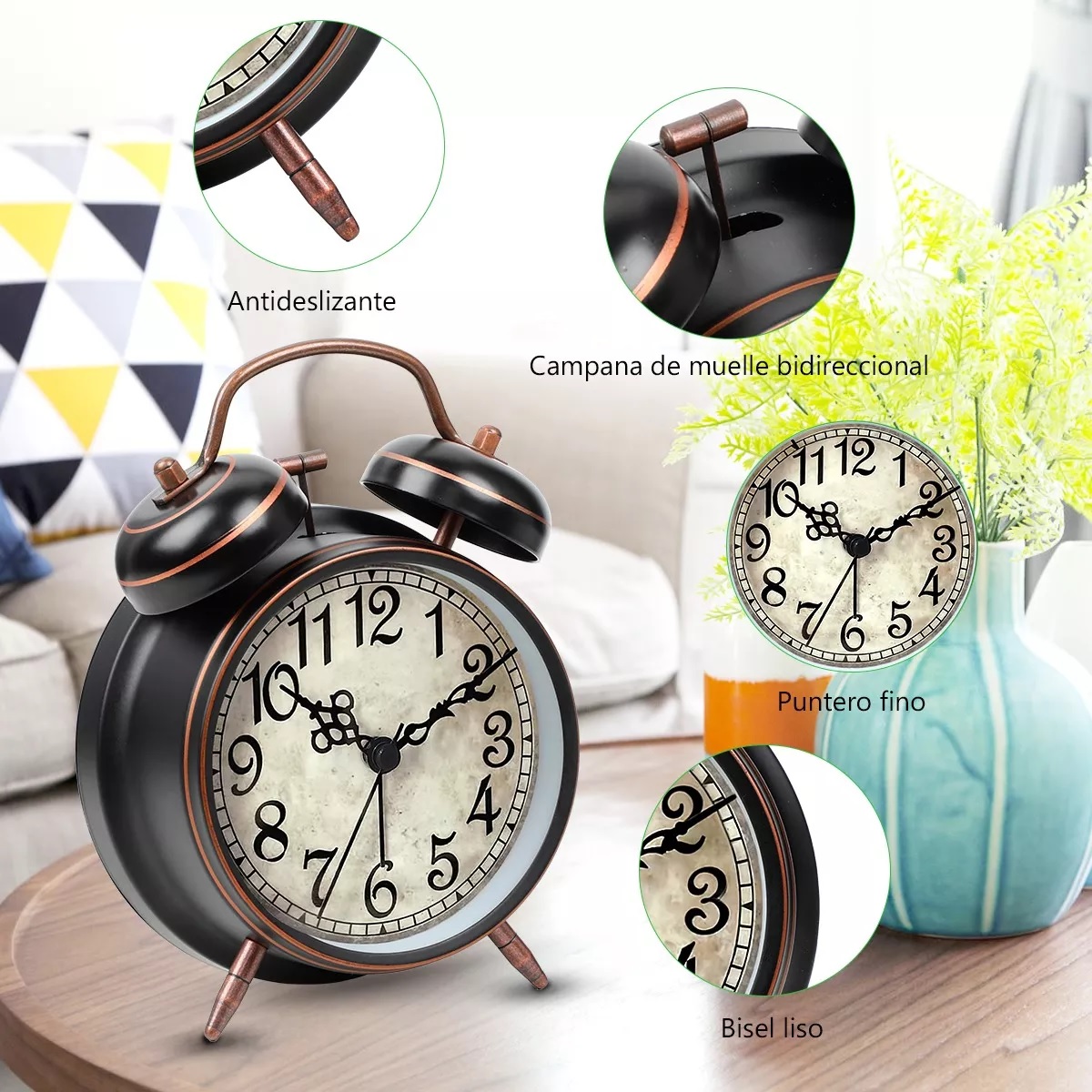Reloj Despertador Campana Retro Analógico Estilo Vintage Negro