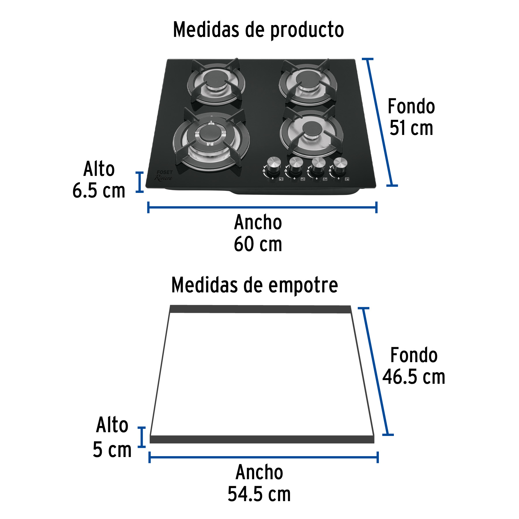 Parrilla gas empotrable de 4 quemadores , vidrio negro, Riviera med 6.5 x 60 x 51 cm