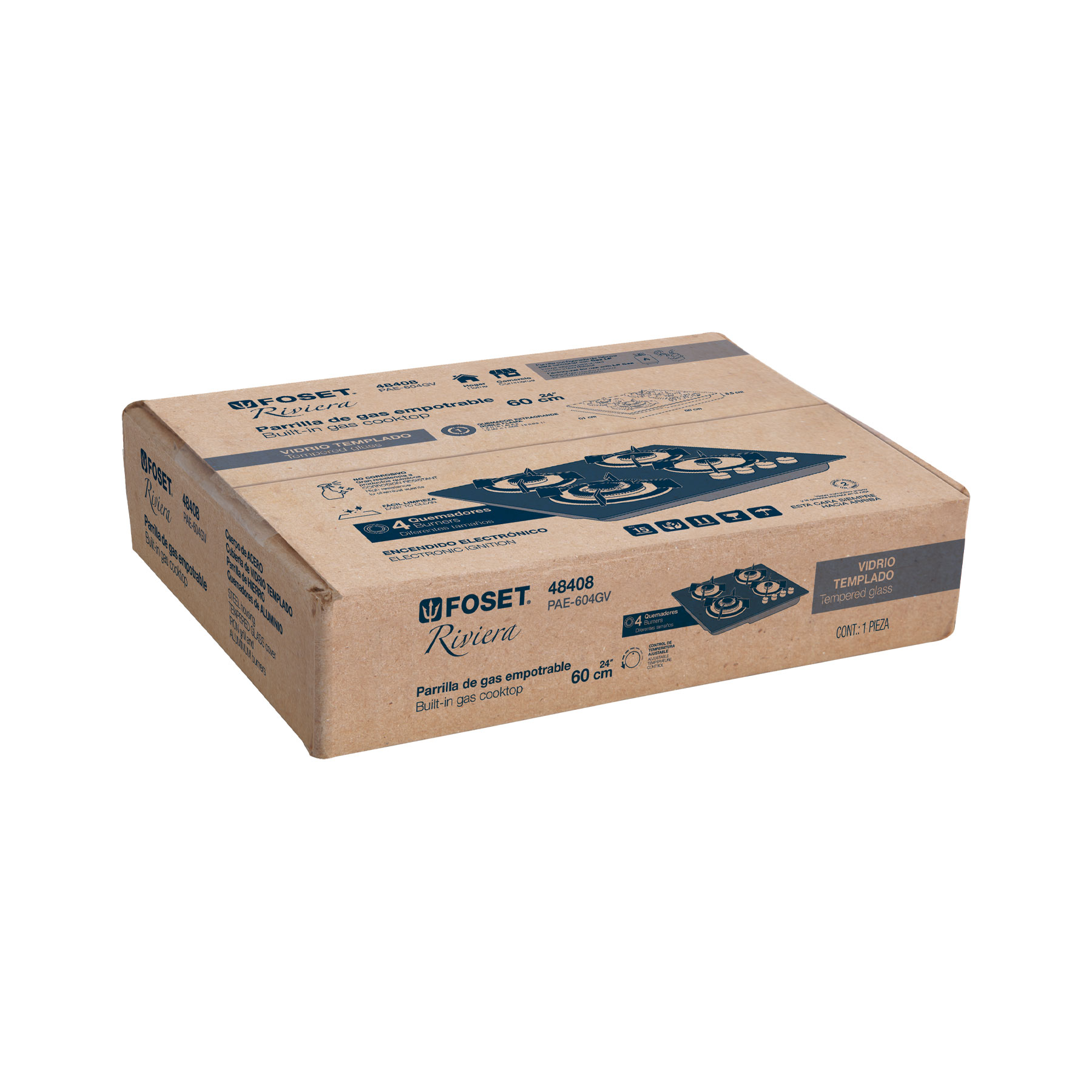 Parrilla gas empotrable de 4 quemadores , vidrio negro, Riviera med 6.5 x 60 x 51 cm