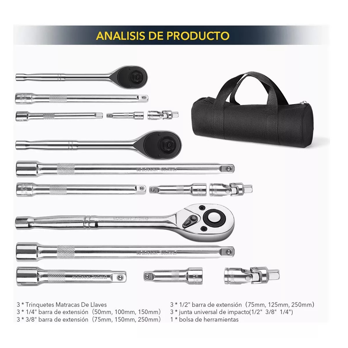 16 Kit De Herramientas Mecanicas Dados Llave Matraca Autocle Plateado