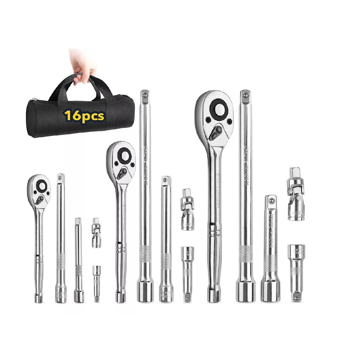 16 Kit De Herramientas Mecanicas Dados Llave Matraca Autocle Plateado