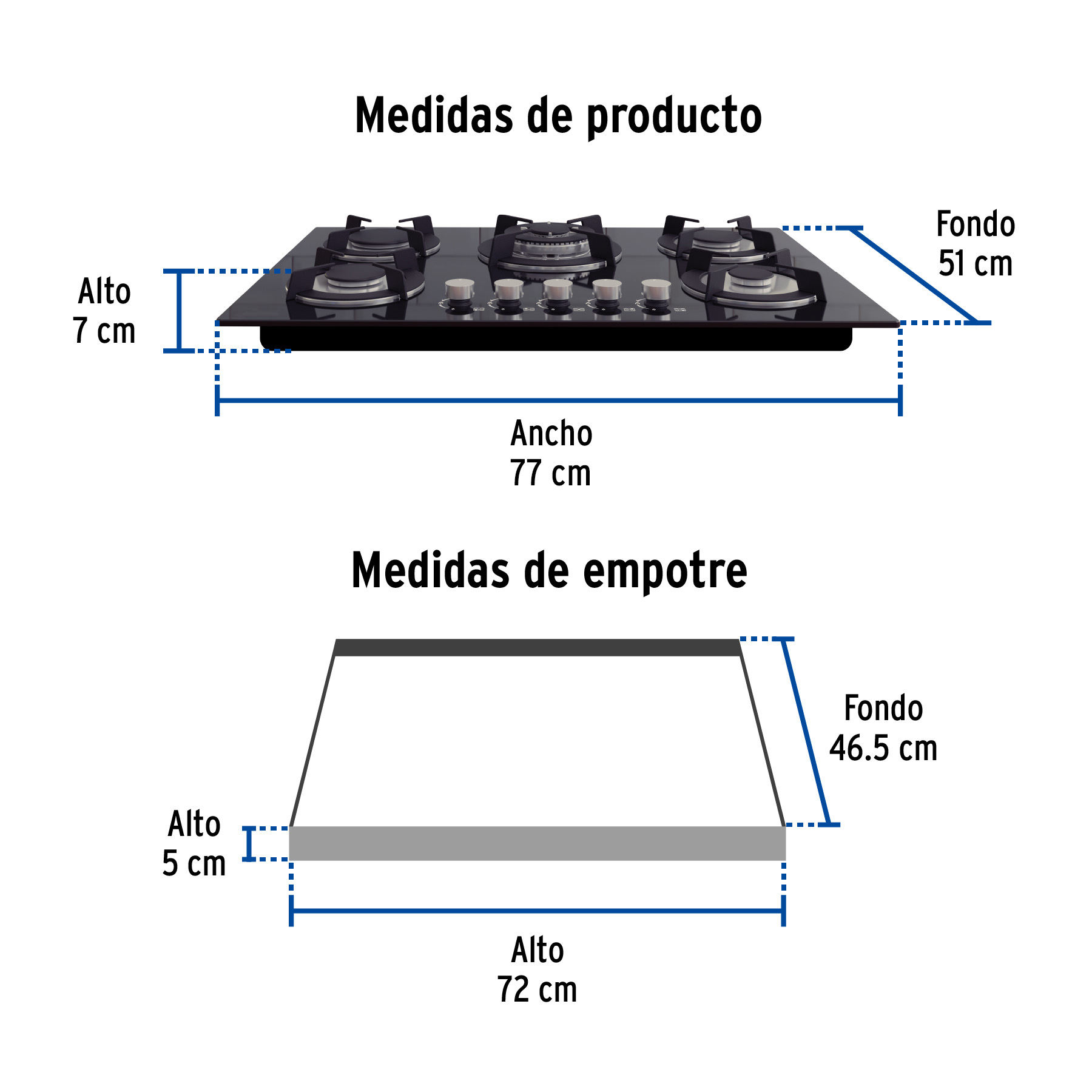 Parrilla gas empotrable de 5 quem, vidrio negro, Riviera medidas 7 x 77 x 51 cm