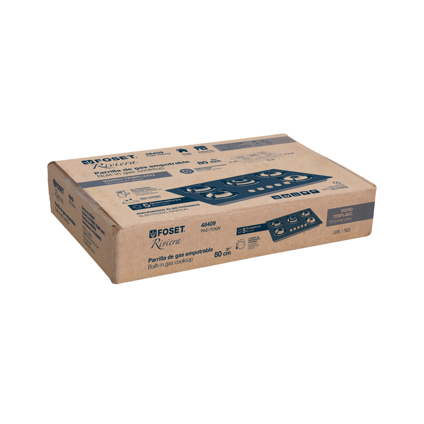Parrilla gas empotrable de 5 quem, vidrio negro, Riviera medidas 7 x 77 x 51 cm