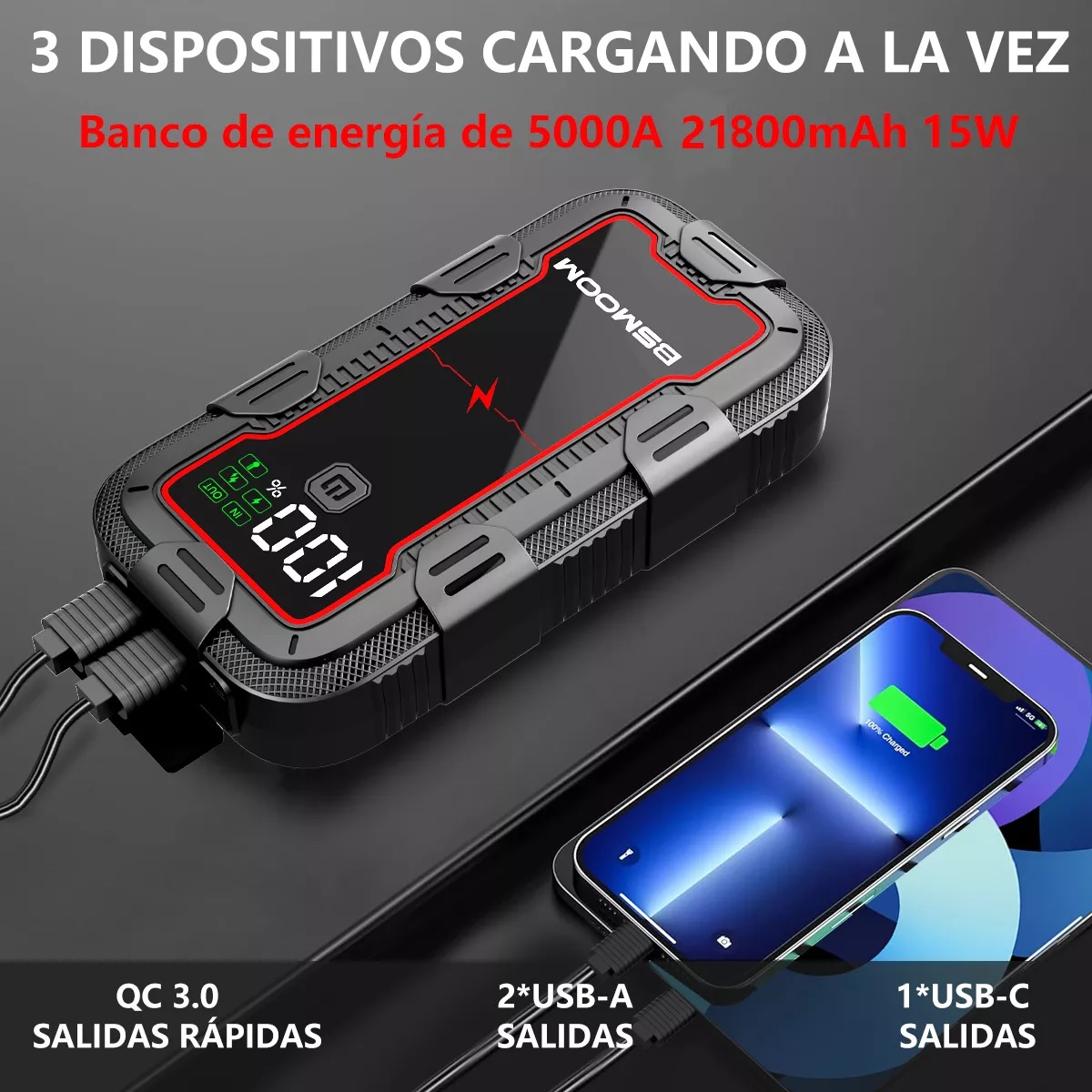 Arrancador De Batería Para Coche Portátil 5000a Con Pantalla