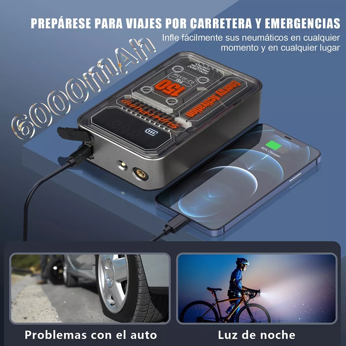Bomba De Aire Inalámbrica Inflador De Llantas Portatil